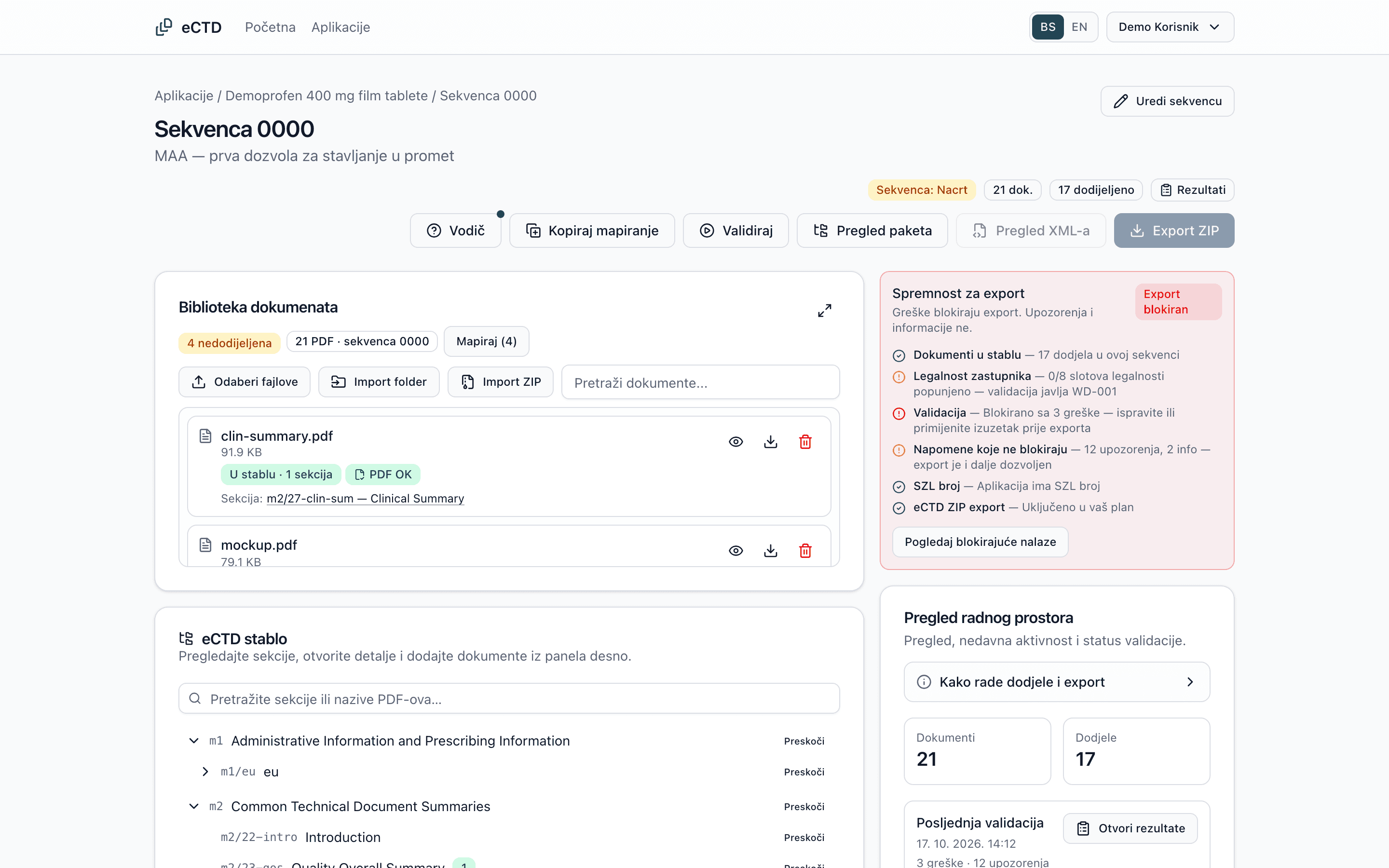 Sequence Workspace u aplikaciji eCTD za demo sekvencu 0000 sa 17 dodijeljenih PDF‑ova, bibliotekom dokumenata, eCTD stablom i provjerom spremnosti za izvoz koja javlja tri blokirajuće greške.